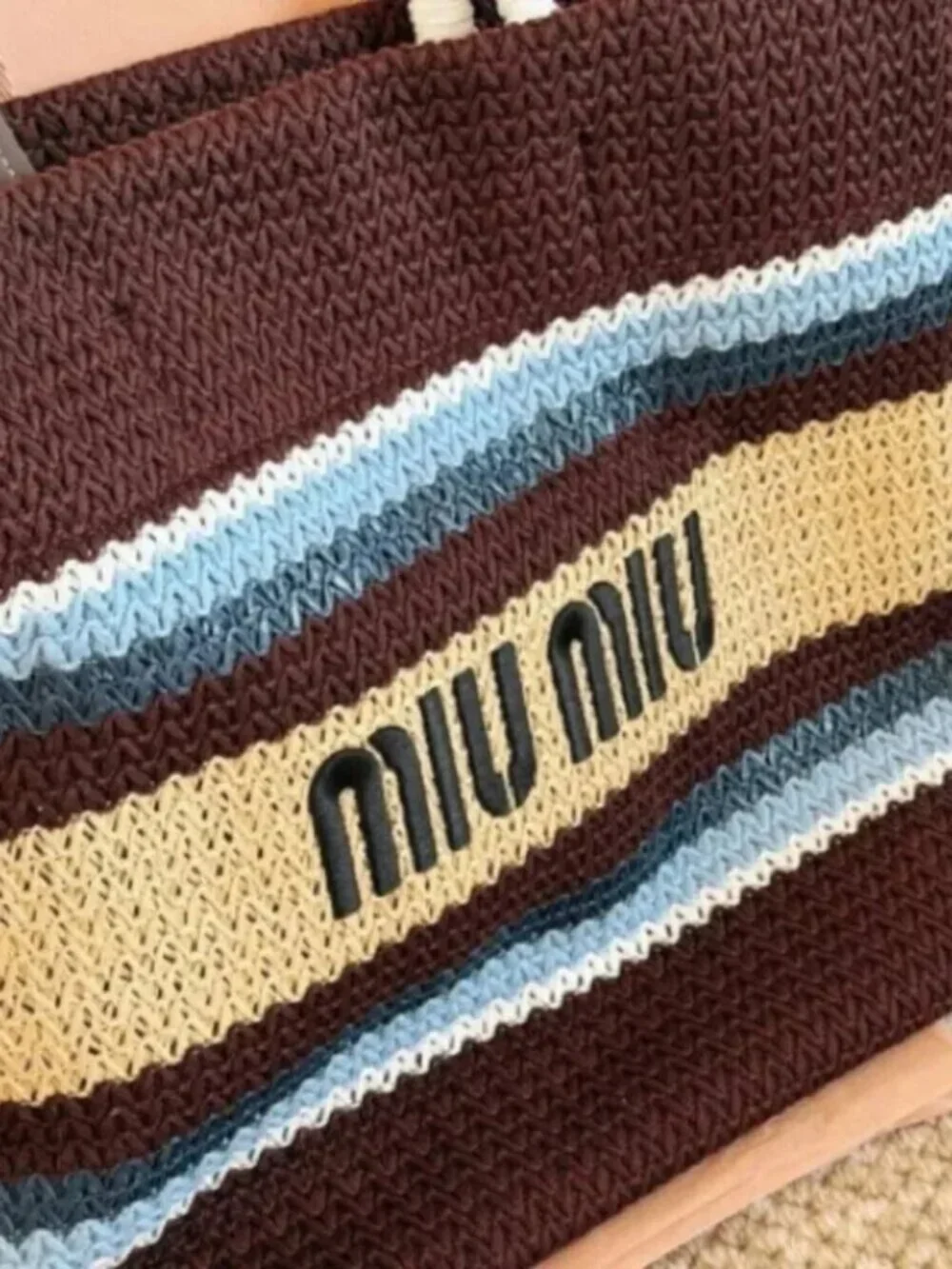 Miu Miu Striped Knitted Large Tote Bag Logo Embroidery Summer Beach Shopper Hand